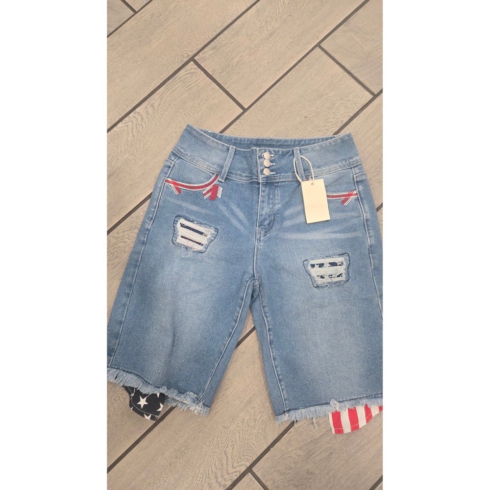 Flamingals Women Americana Distressed Denim Bermuda Shorts Stars Stripes Size L